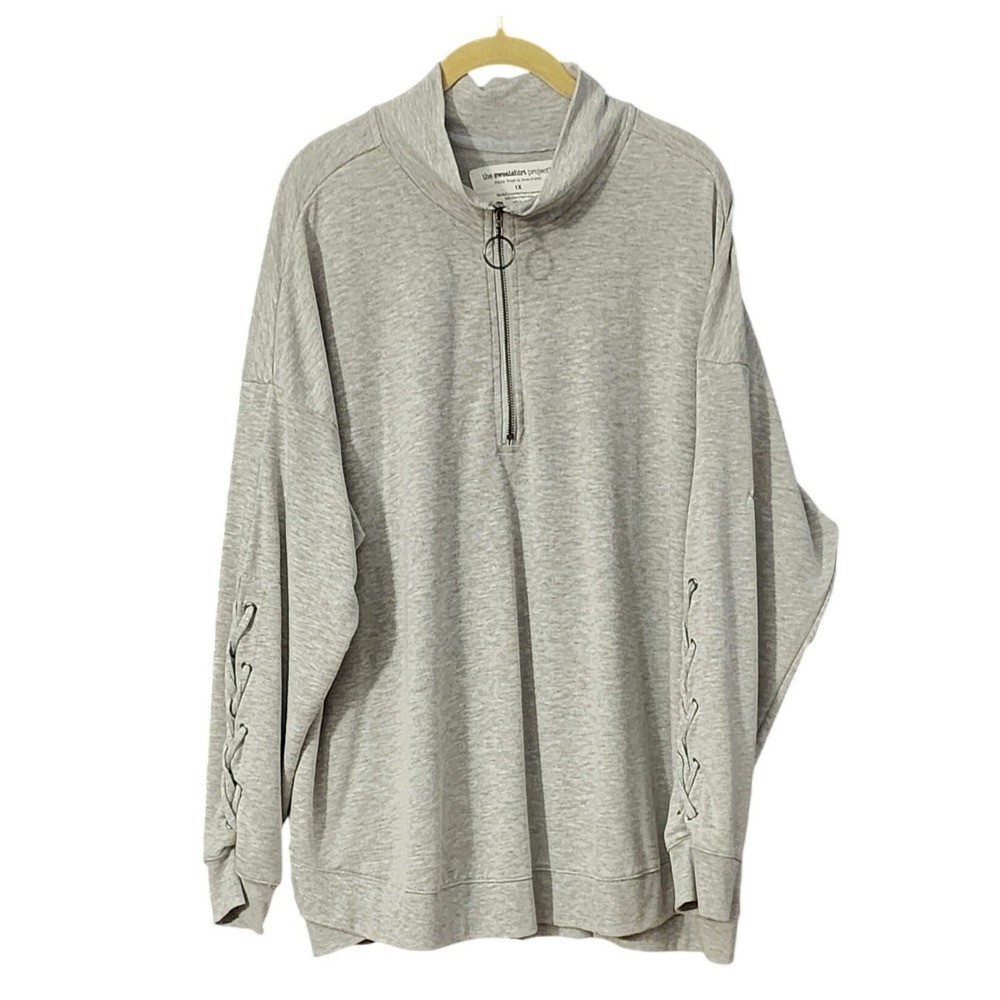 The Sweatshirt Project Pullover Women's Gray Cozy Lace Up Sleeve 1/4‎ Zip, 1X